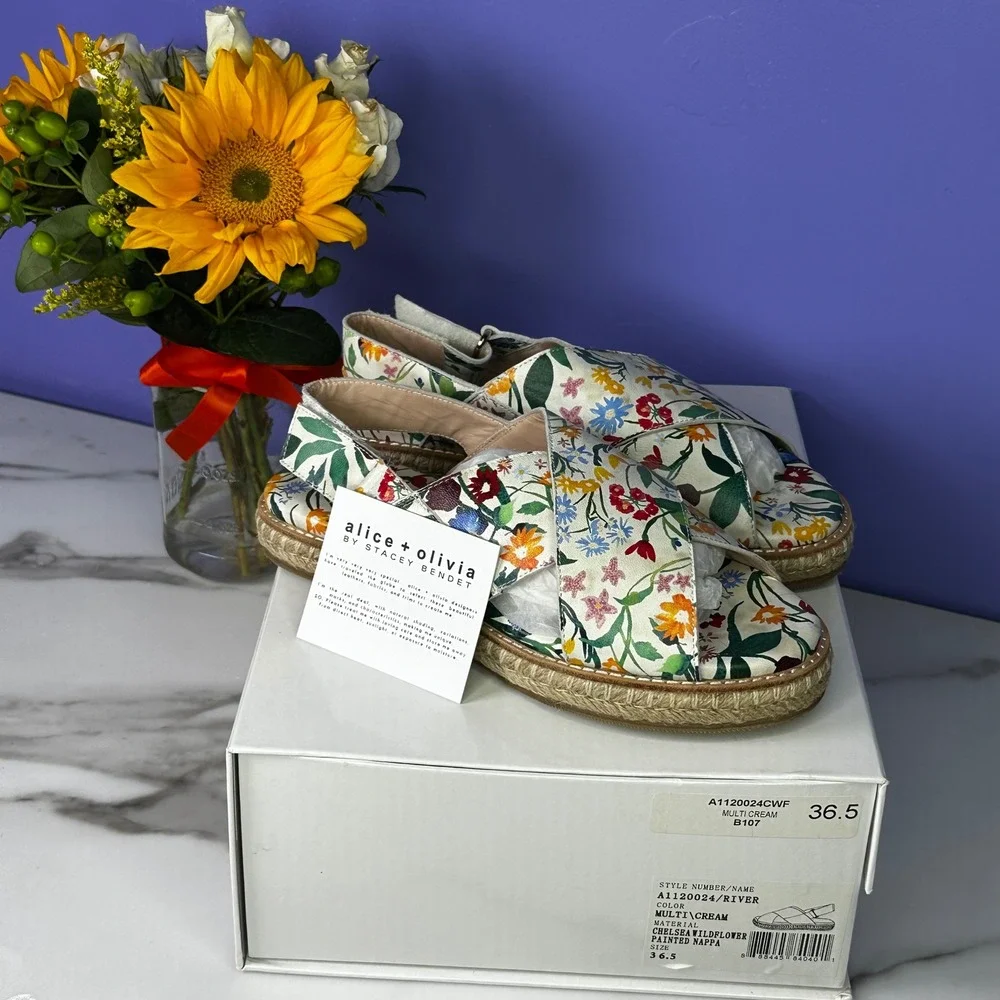 Alice + Olivia River Espadrille Sandals Floral Print Leather Size 36.5 US 6‎